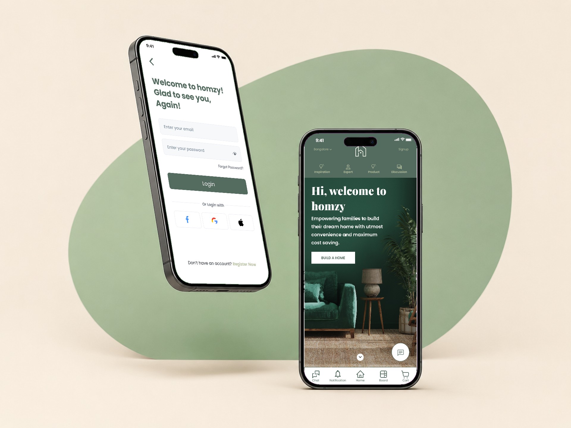 Homzy home screen and login shown on two phones