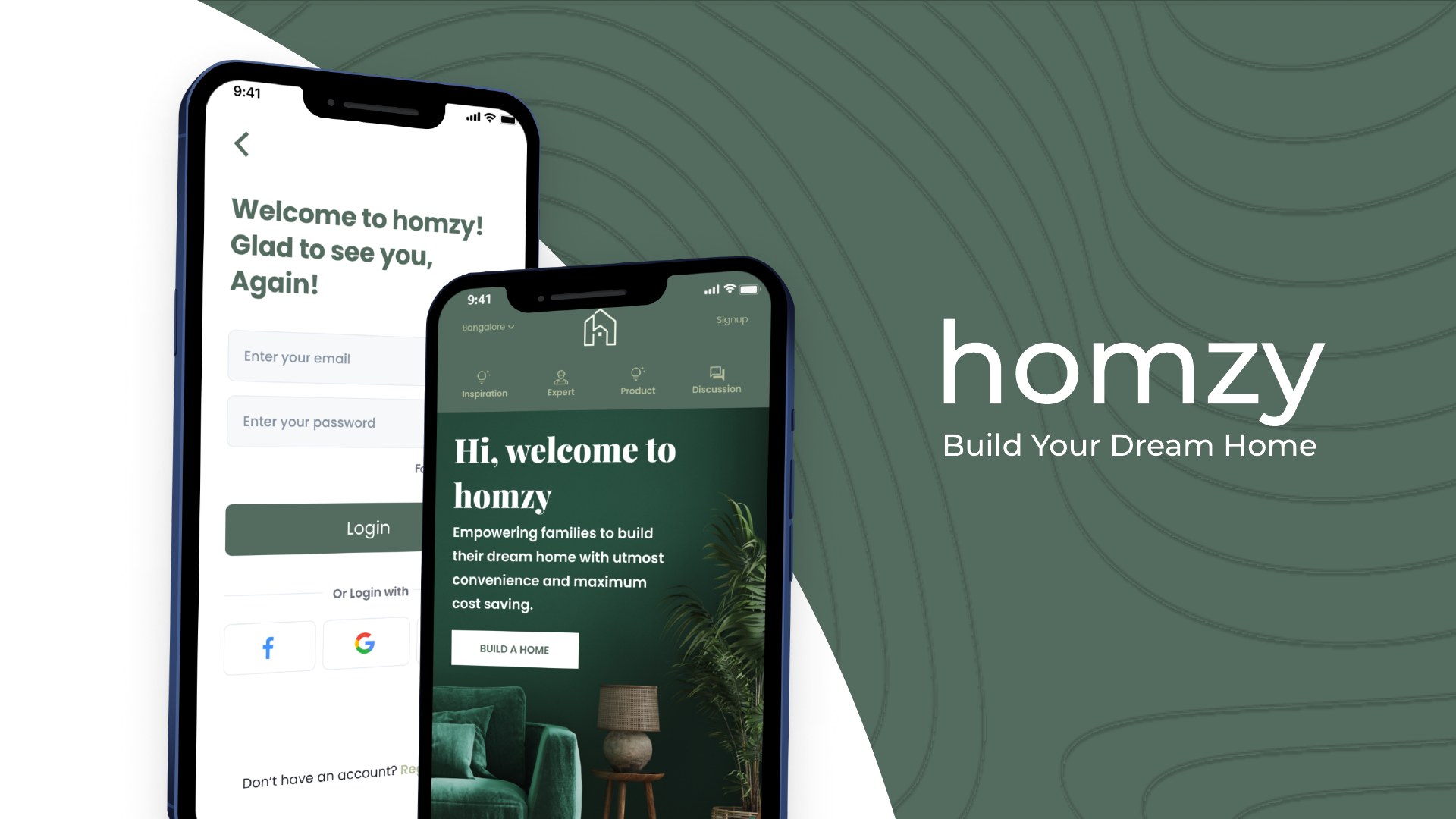 Homzy app brand mockup in deep green