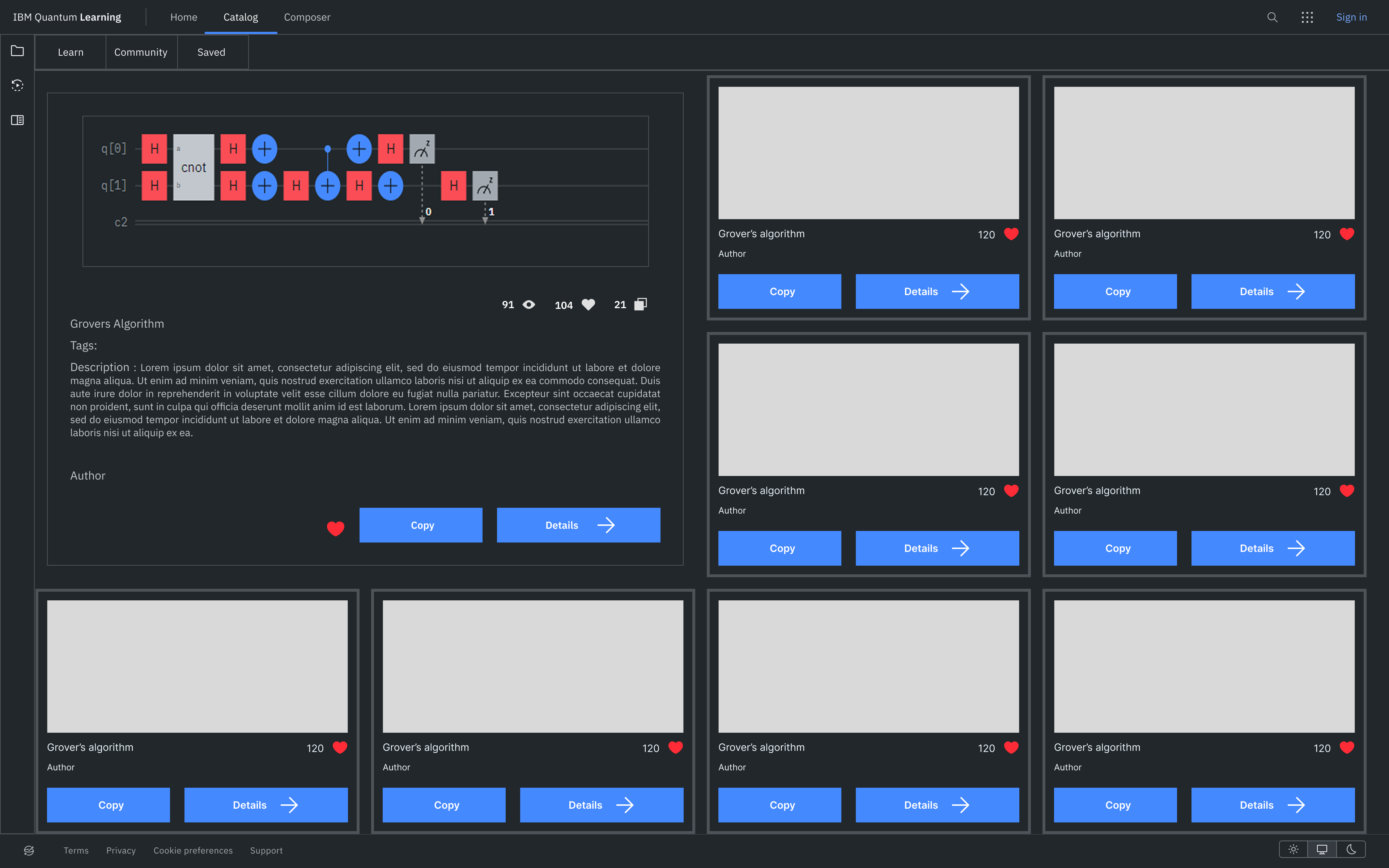 After: the redesigned community circuit catalogue with premade circuits, likes, copy and details