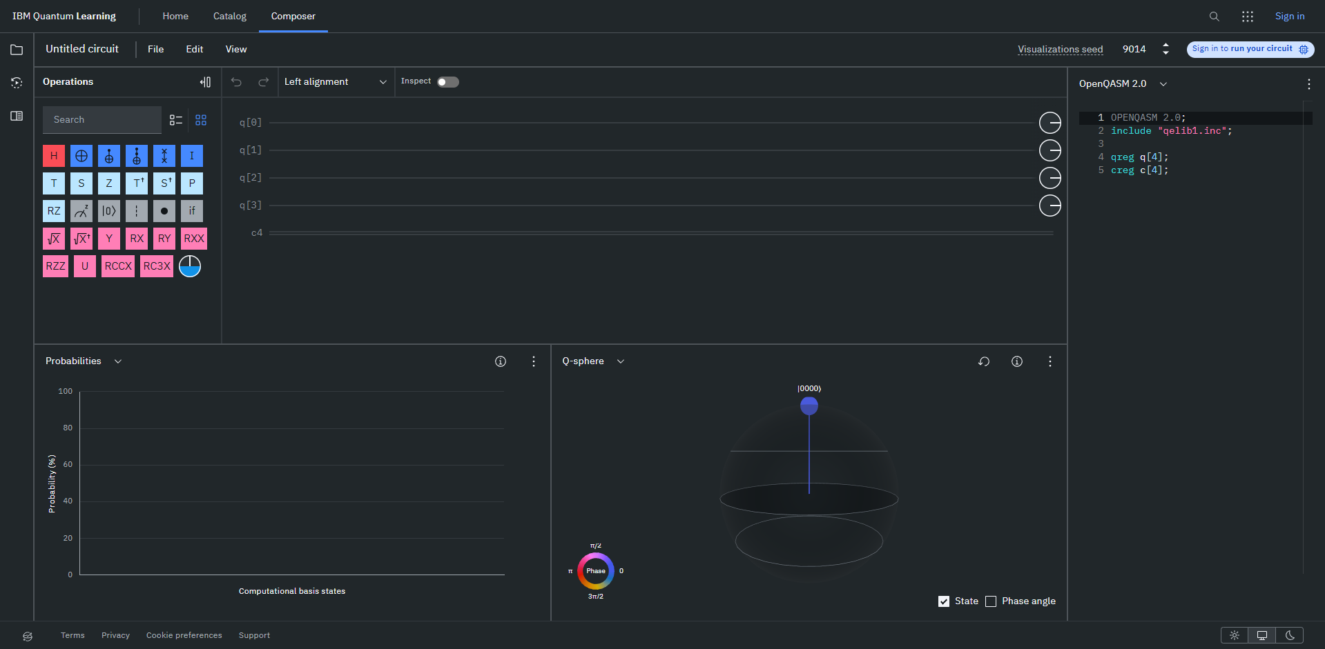 Before: IBM Quantum Composer as it opens by default — the full gate palette, OpenQASM code panel, probability chart and Q-sphere all presented at once
