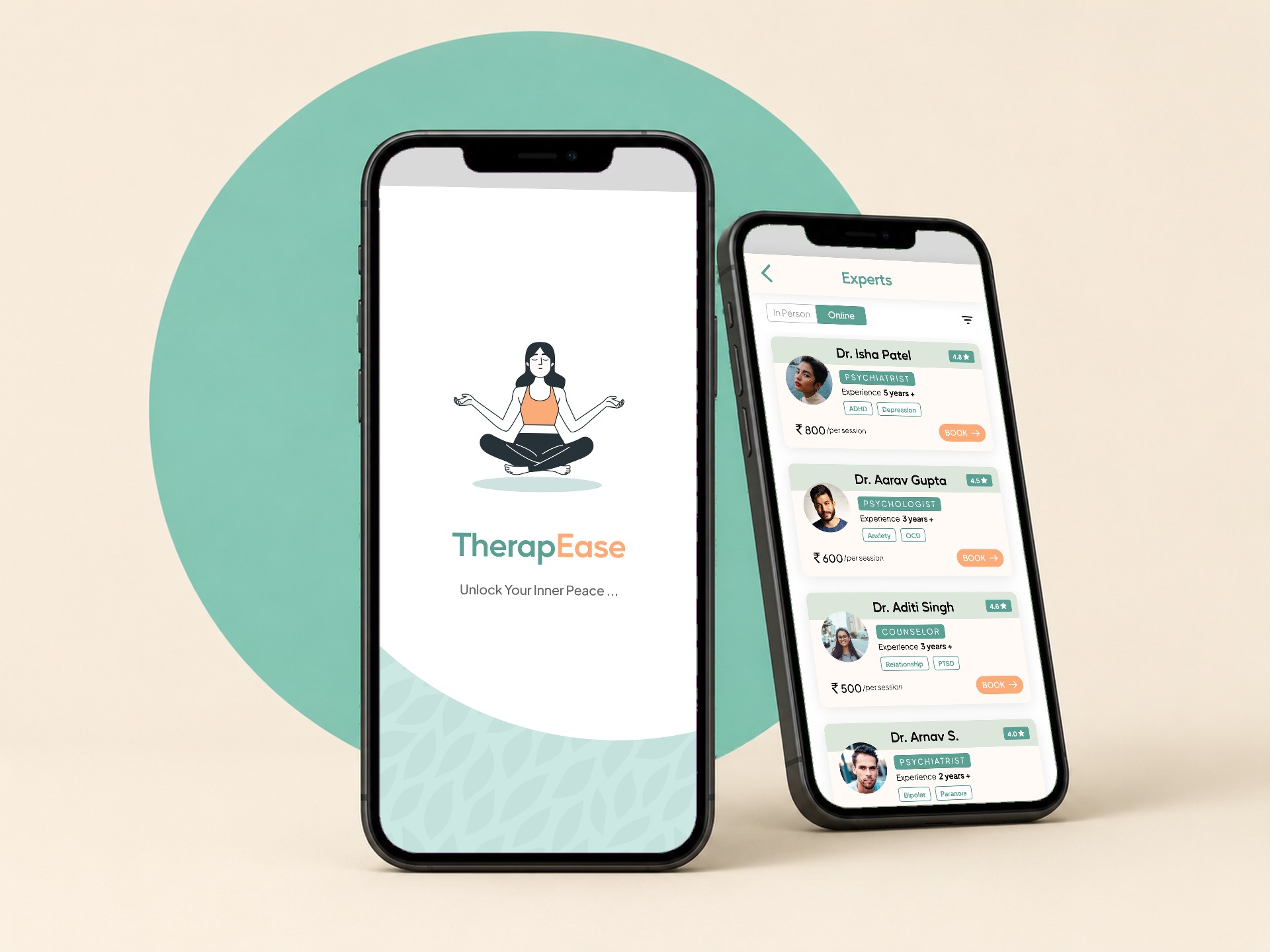 TherapEase splash screen and expert selection shown on two phones